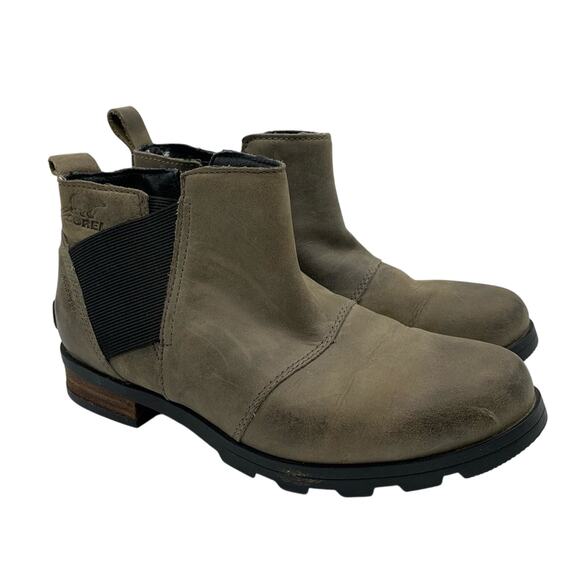 Sorel Emelie Chelsea Waterproof Leather Boots In Quarry Olive/Grey Sz 6.5 Winter - Picture 2 of 11